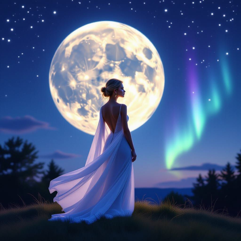 Ethereal Woman Under Luminous Full Moon