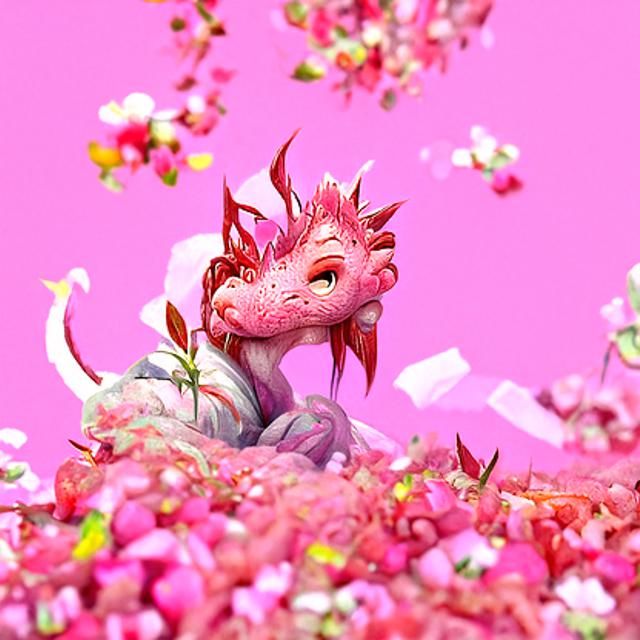 Pink Dragon in Flower Pile: Fantasy Art