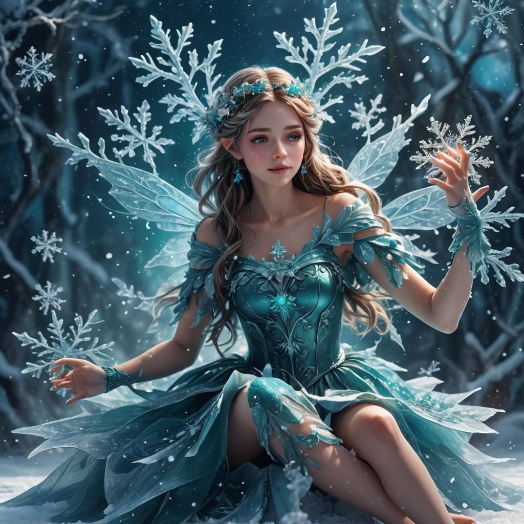 Teal Fairy Conjuring Ice Magic on Snowflake