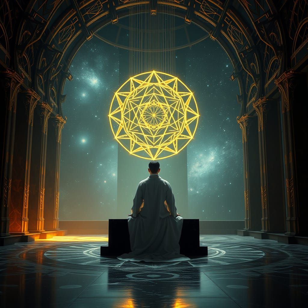 Meditative Architect in Cosmic Sanctum, Futuristic Style