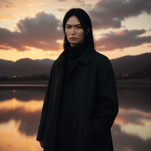 Cinematic Film Still of Solitary Figure at Sunset