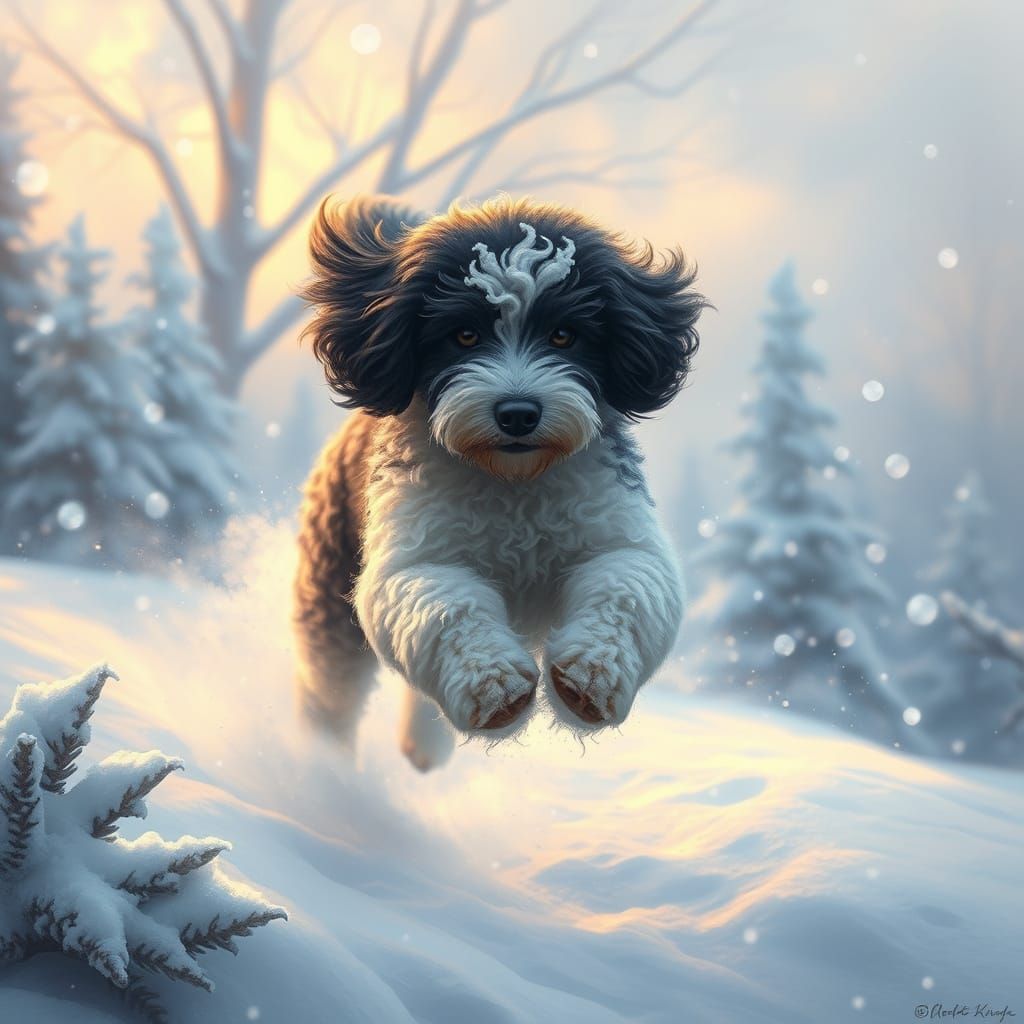 Ethereal Poodle Leaps Through Snowy Wonderland