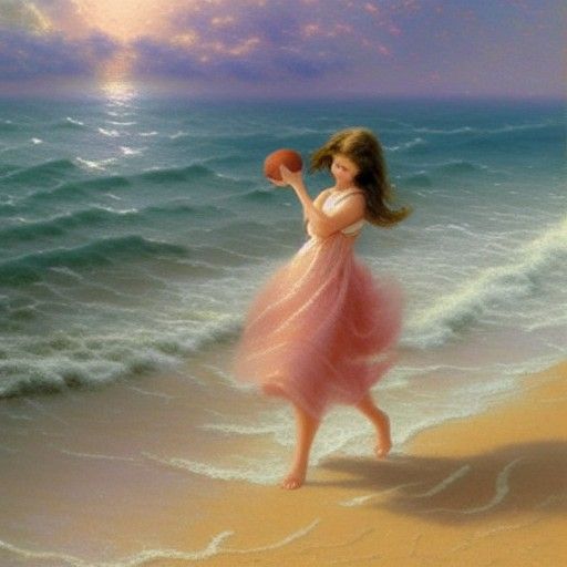 Young Woman Playing Ball on Beach in Fantasy Style
