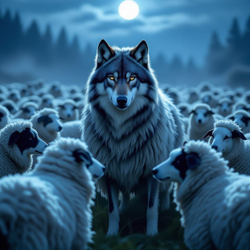 Wolf in Sheepskin Deceives Flock in Misty Meadow