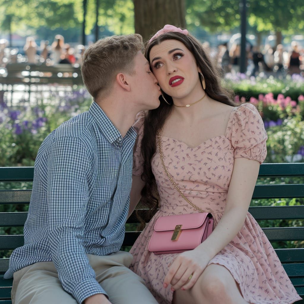 Feminine Man Surprised by Kiss in Park
