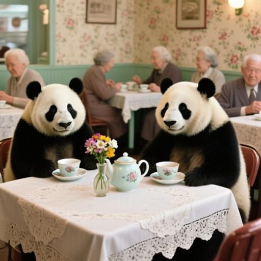 Pandas in a 1950s Tea Room