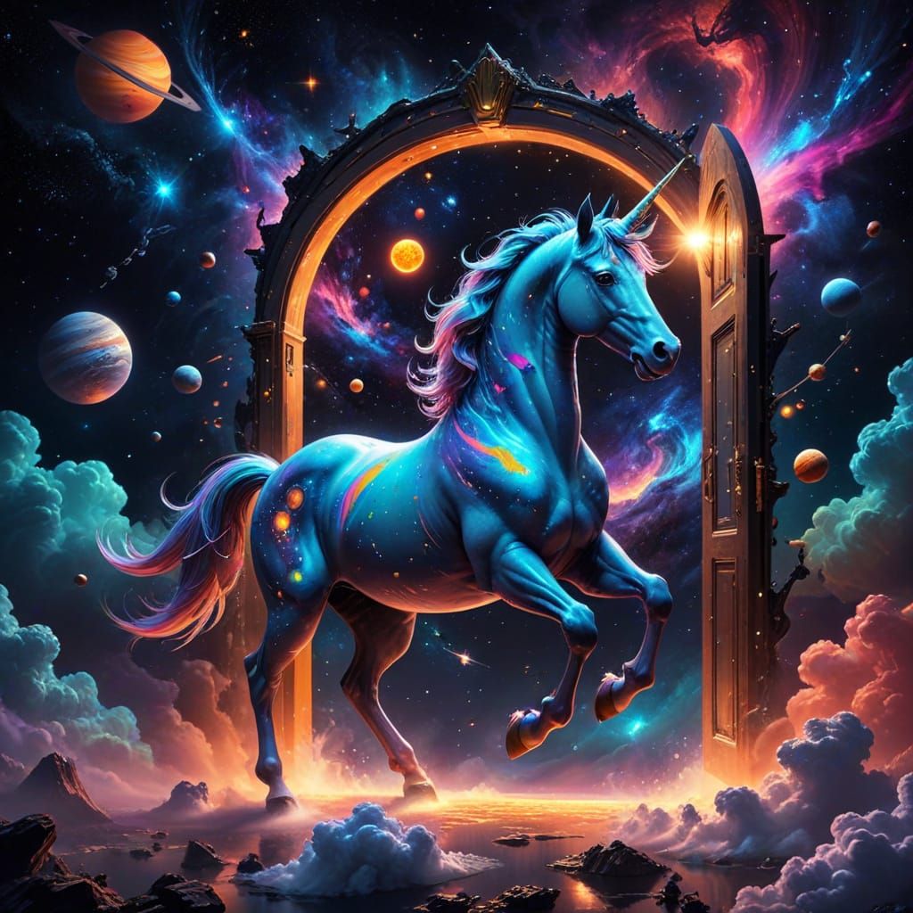 Cosmic Unicorn with Psychedelic Colors and Spaceships
