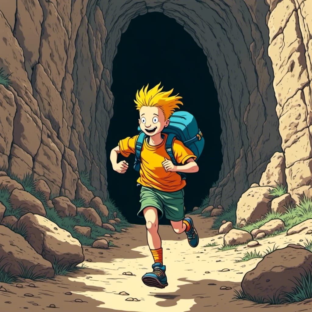 Cartoon Adventurer Running from Boulder in Temple