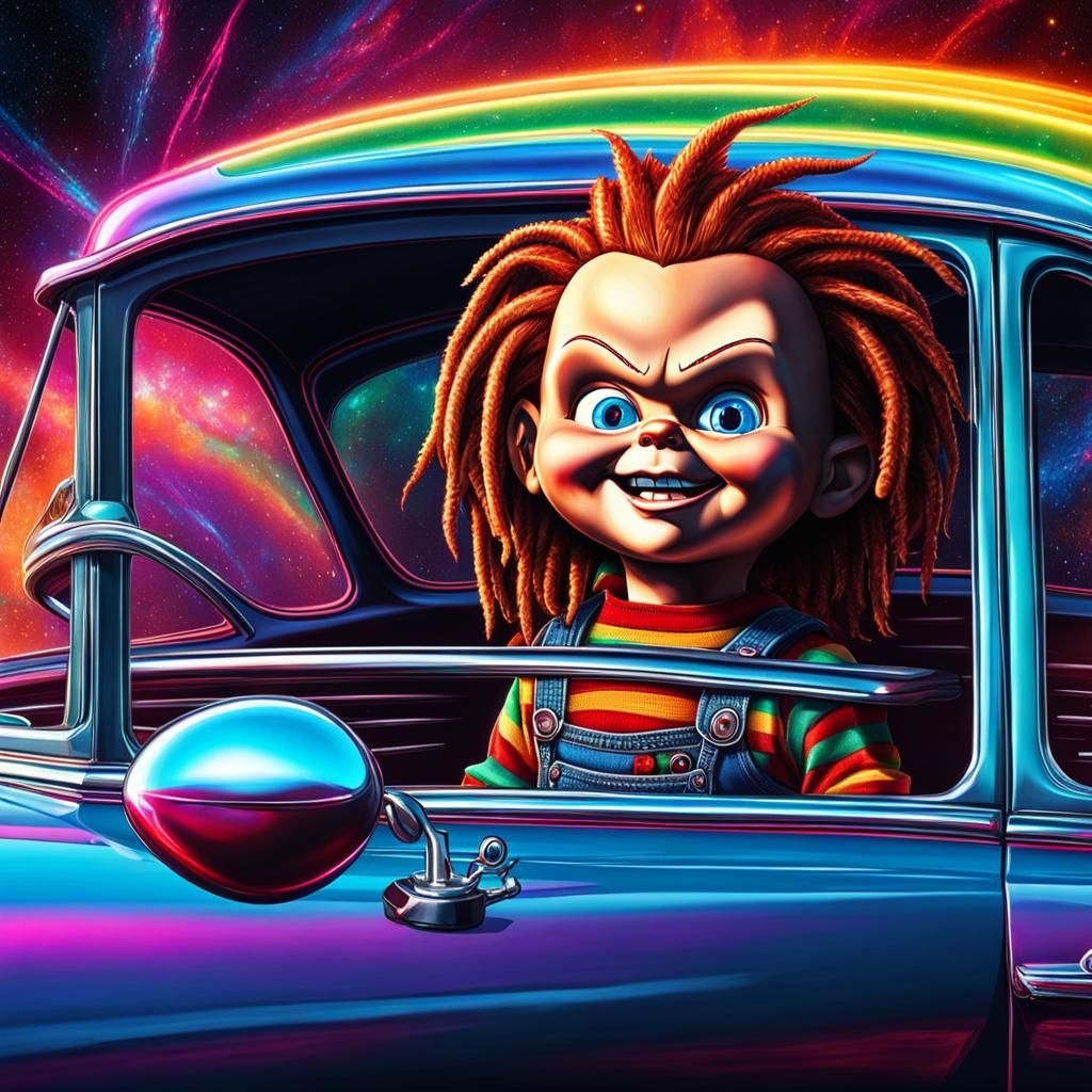 Chucky with Dreadlocks in Classic Car