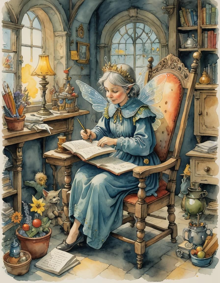 Enchanting Fairy Scribes Magic in Watercolor Illustration