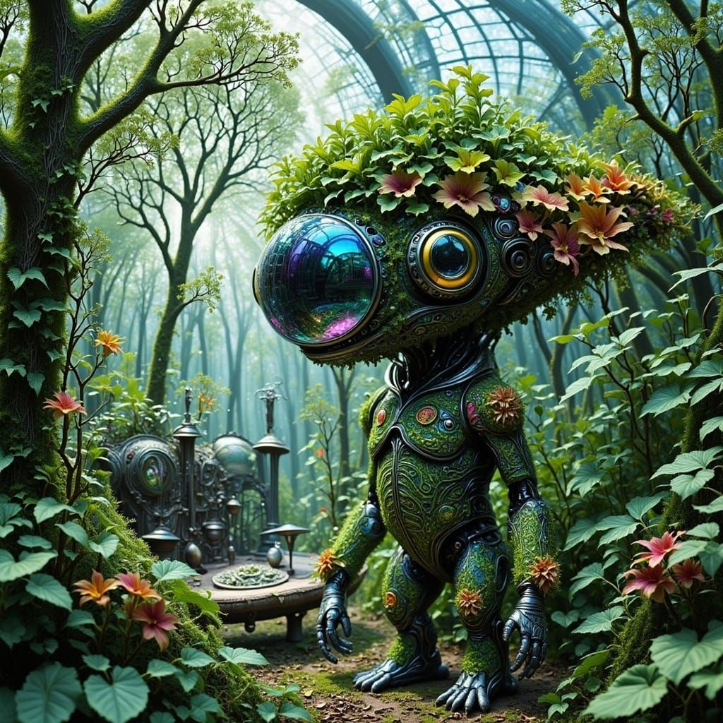 Adorable Robot in Alien Grove with Cosmic Vista