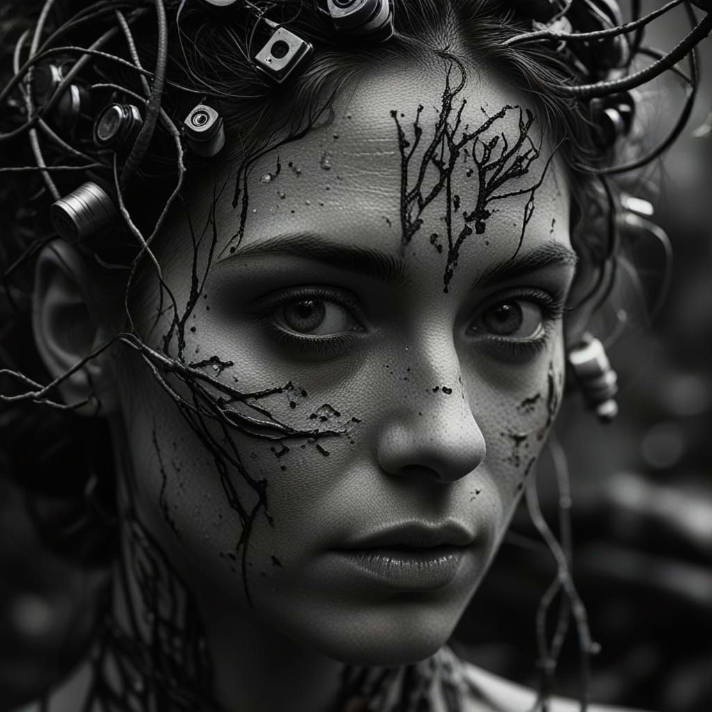 Hyperrealistic Black and White Portrait of a Female Consumed...