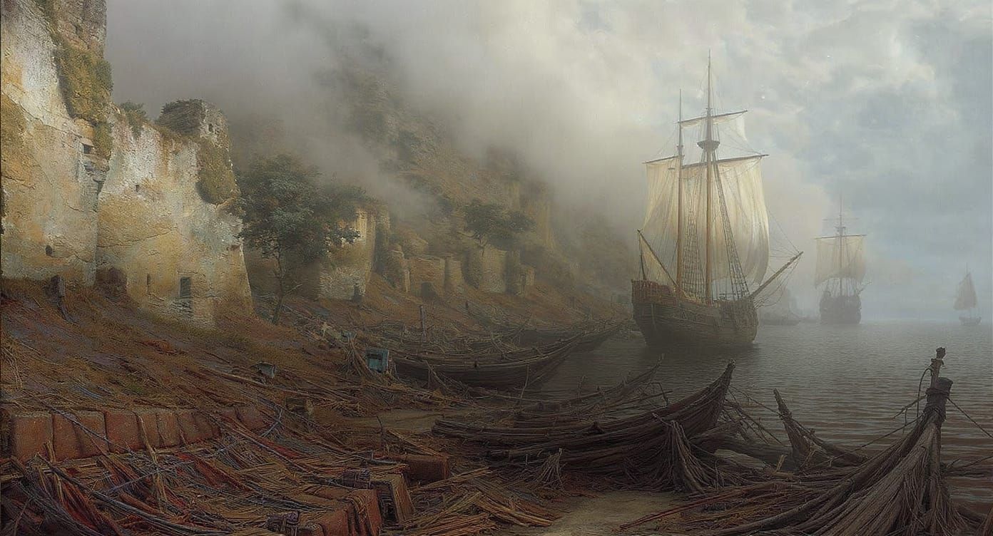 Misty Harbor Scene in Romantic Style