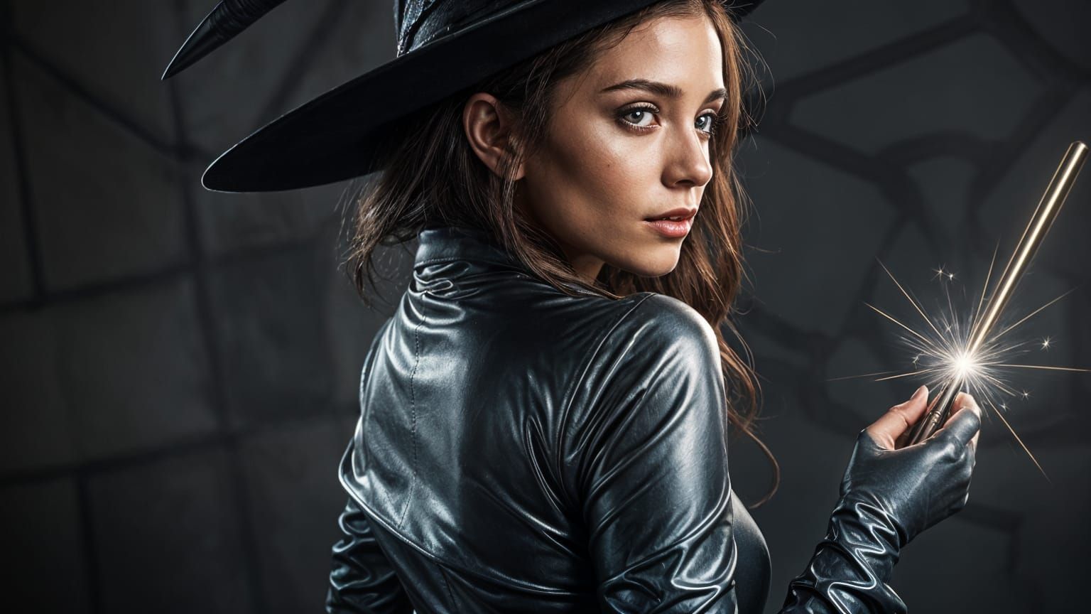 Modern Witch Casting Spell in Metallic Outfit