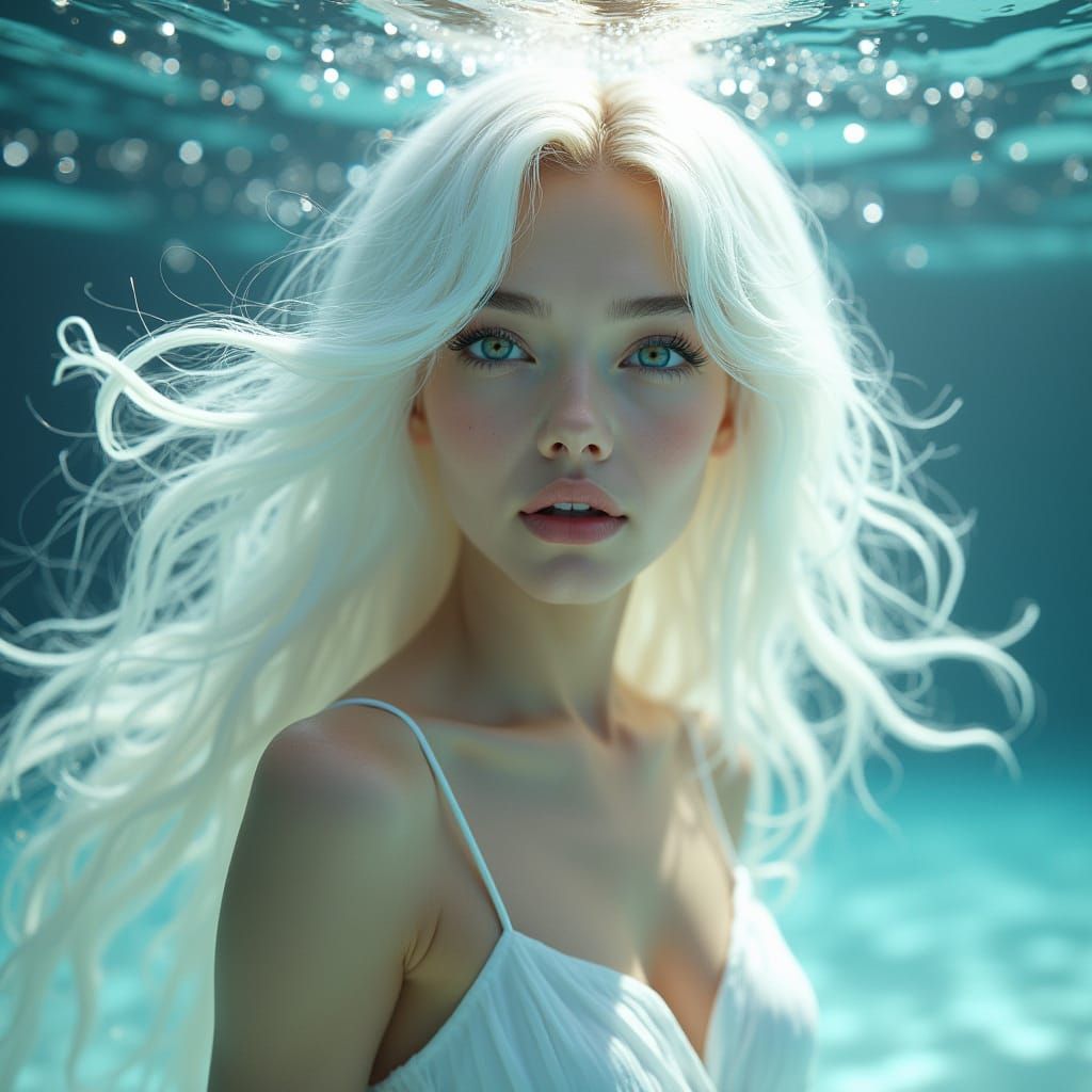 Underwater Woman in Flowing White Fabric: Photorealistic Fan...