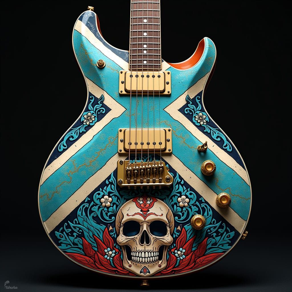 Guitar with St Andrews Cross and Sugar Skulls in Vibrant Col...