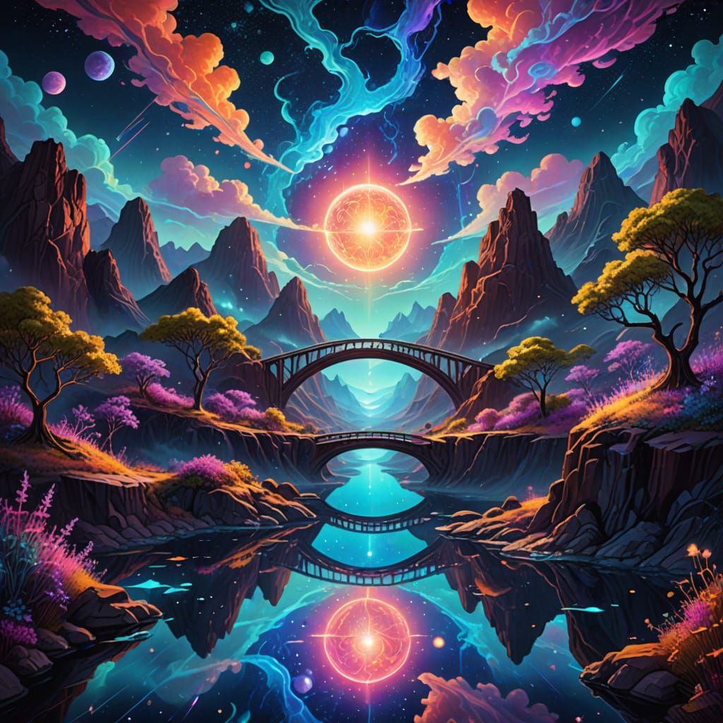 Ethereal Cosmic Bridge Connects Celestial Bodies in Vibrant,...