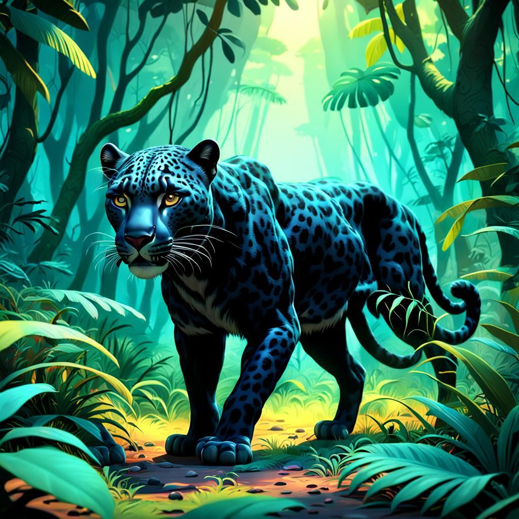 Black Leopard Hunting Deer in Jungle: 3D Digital Art