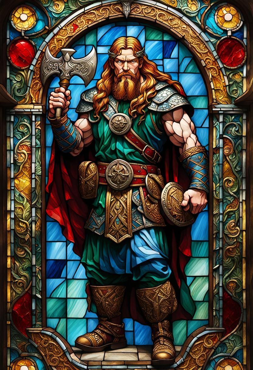 Viking Strongman Portrait in Stained Glass Style