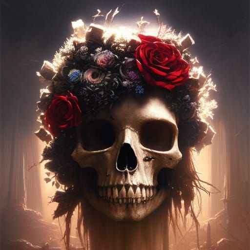 Tree Skull Punk Rocker with Roses: Digital Art