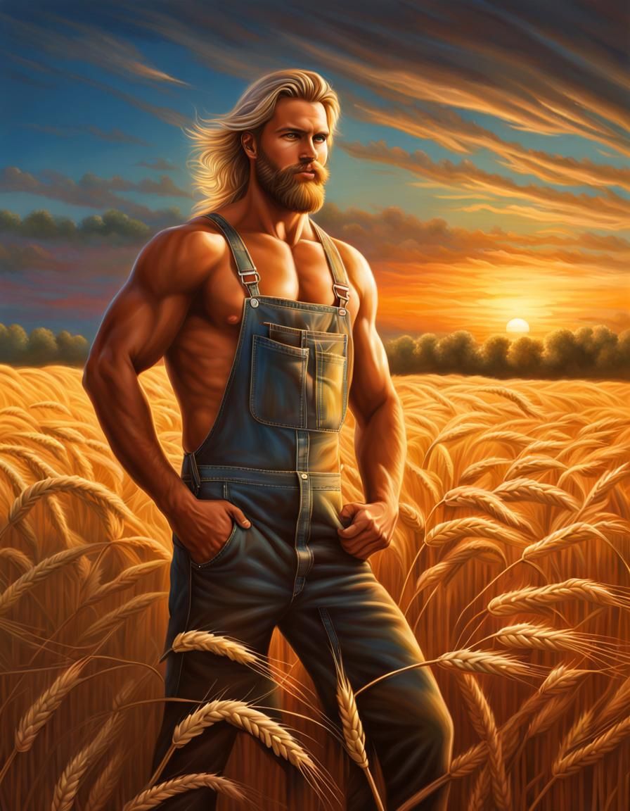 farmer in a field of wheat at sunset