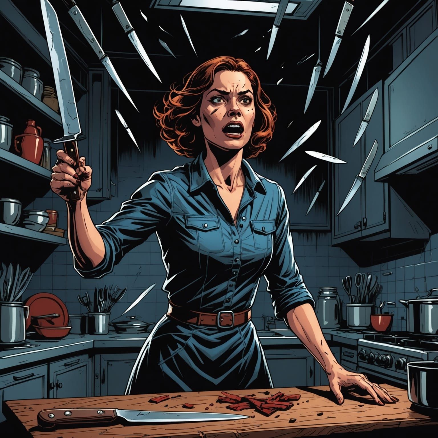 Telekinetic Woman in Kitchen, Comic Book Art