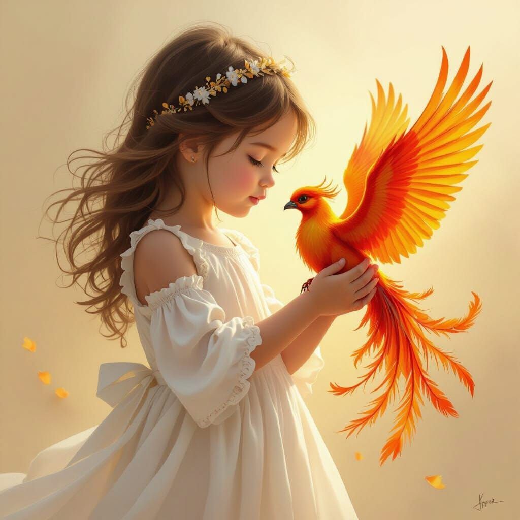 Girl Holds Baby Phoenix, Fantasy Illustration