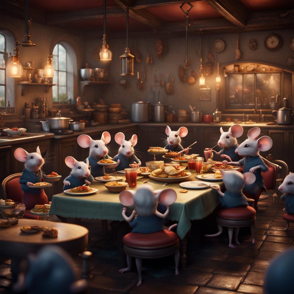 Mice Party in Restaurant Kitchen, Detailed Matte Painting