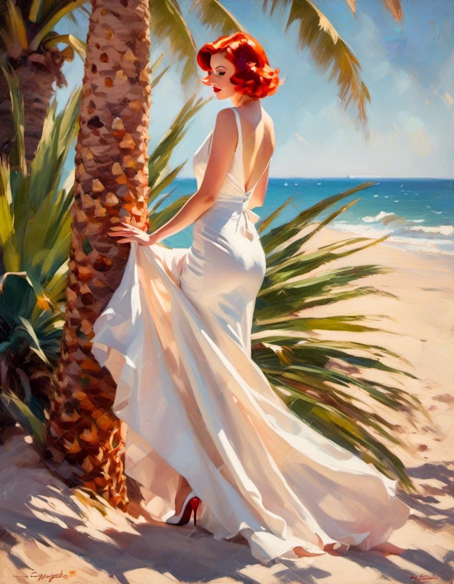 Glamorous Woman on Tropical Beach as Impressionistic Oil Pai...
