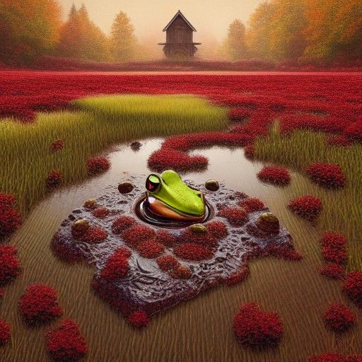 Frog Shrine in Cranberry Field: Hyperrealistic Digital Art