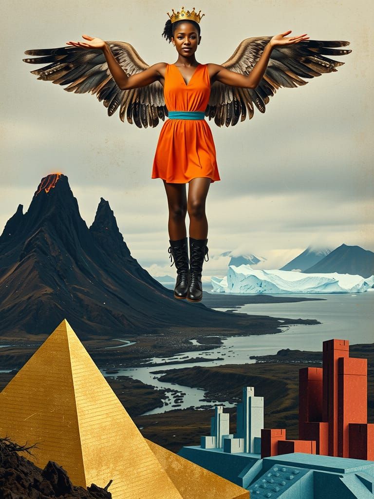 Surreal Angelic Woman in Orange Dress Over Dramatic Landscap...