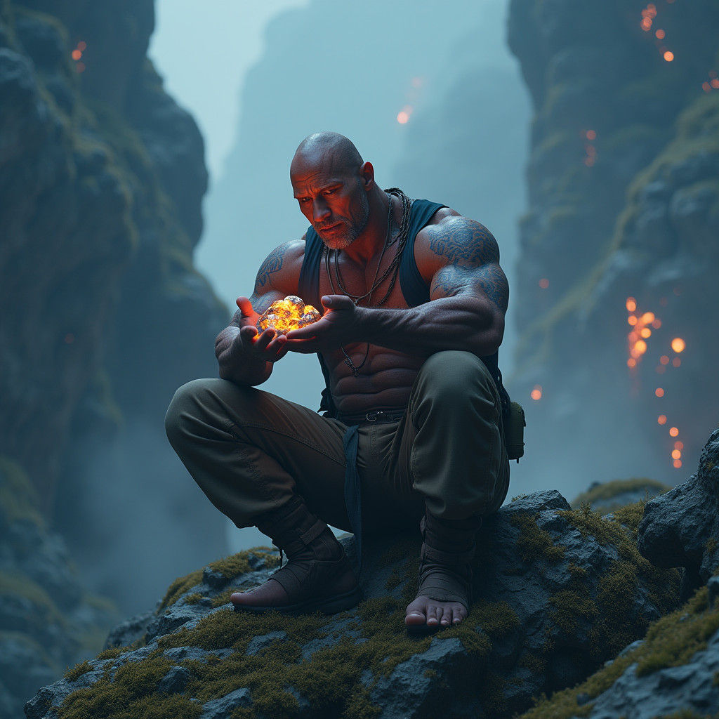 Man Eats Glowing Rocks in Dreamlike Landscape