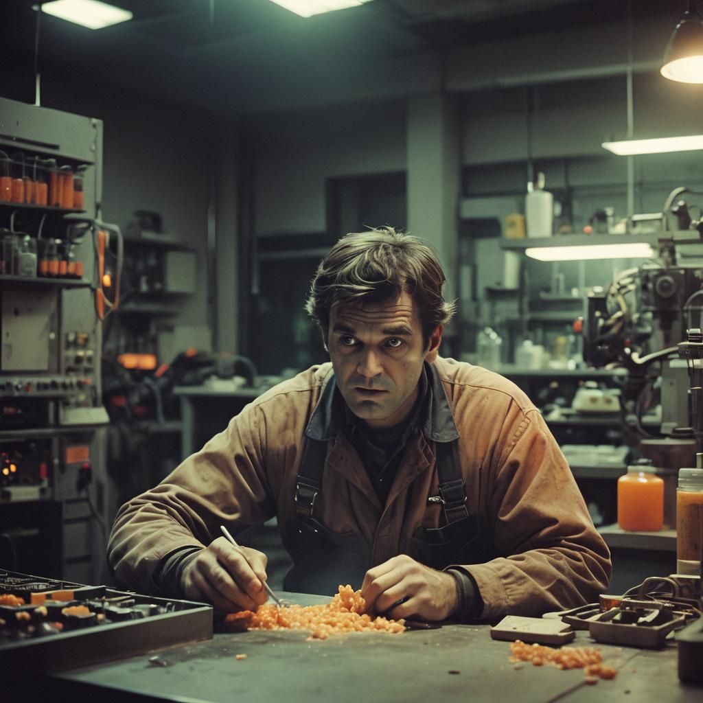 Construction Worker Eats in Lab: Cinematic Film Still