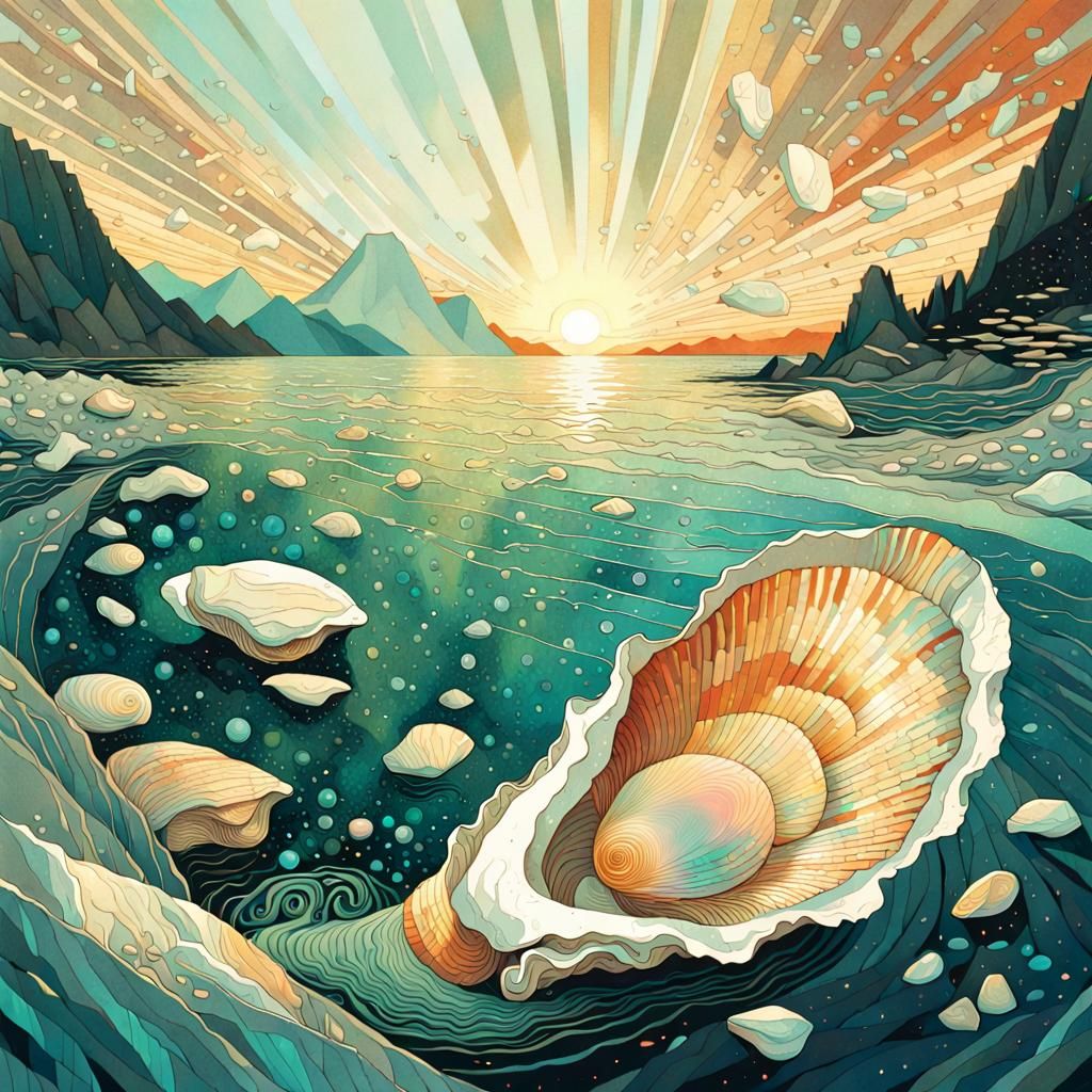 Iridescent Oyster Shell in Illustrative Style