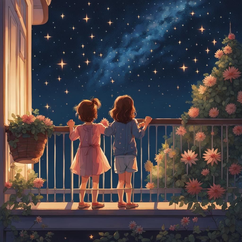Kids Counting Twinkling Stars on Balcony at Night