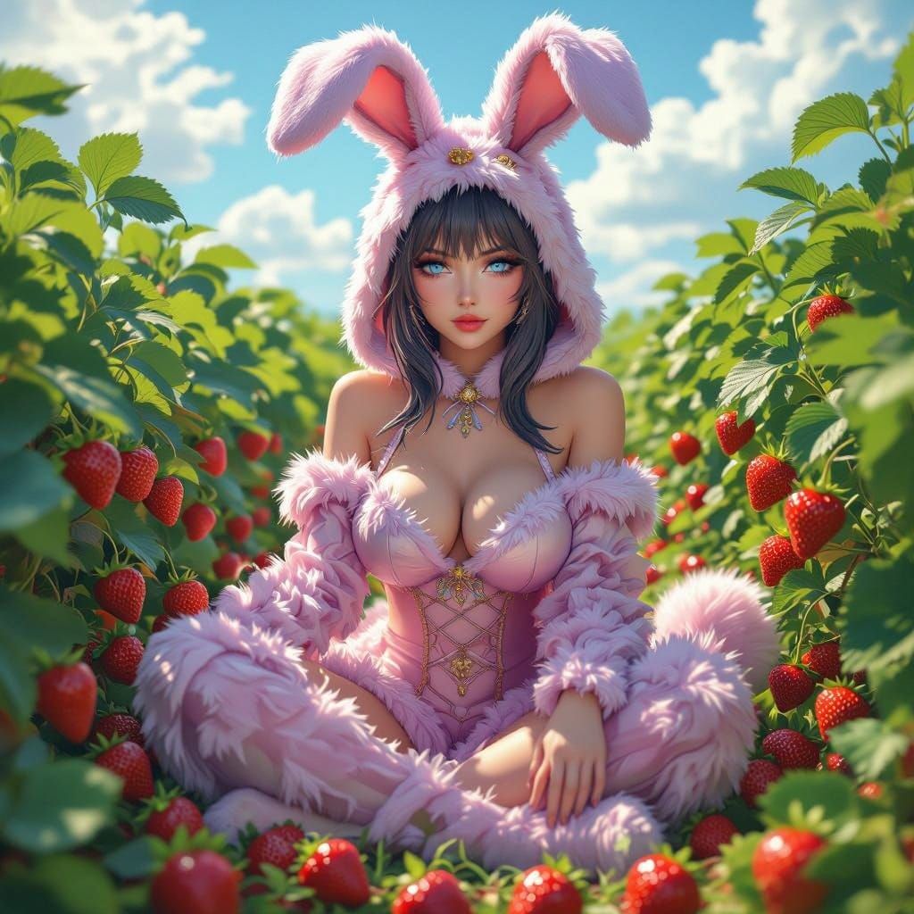 Hyperreal Goddess of Springtime in Vibrant Easter Bunny Cost...
