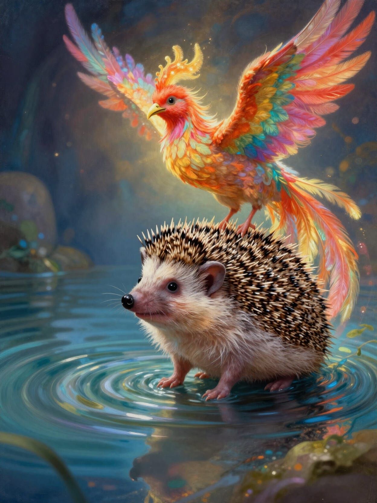 Hedgehog Sees Phoenix Rise from Water in Detailed Oil Painti...