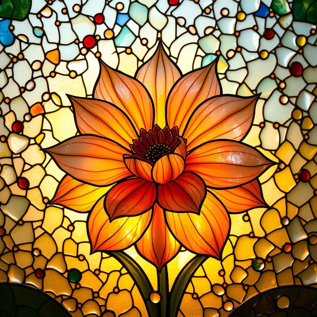 Glowing Stained Glass Flower in Art Nouveau Style