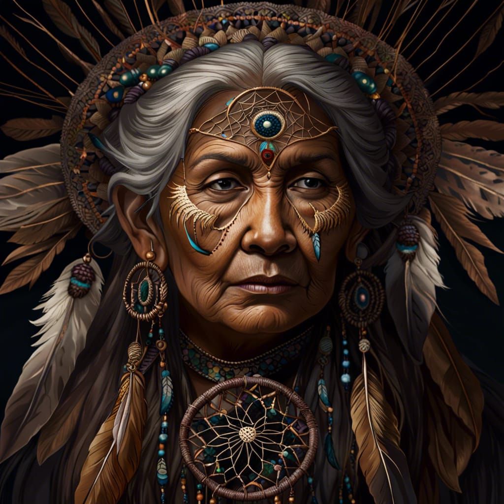 Native American Woman Weaving a Dream Catcher