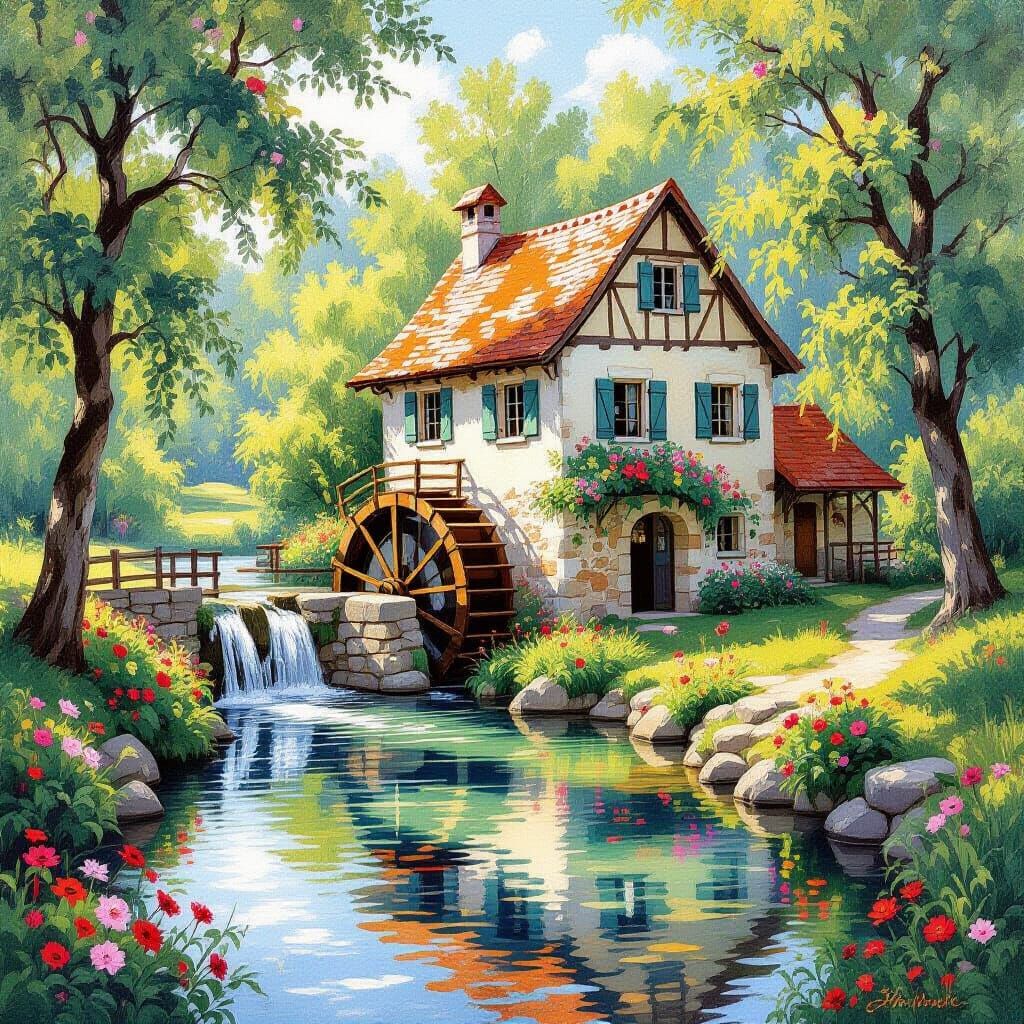 Serene Water Mill in Realistic Watercolor Style