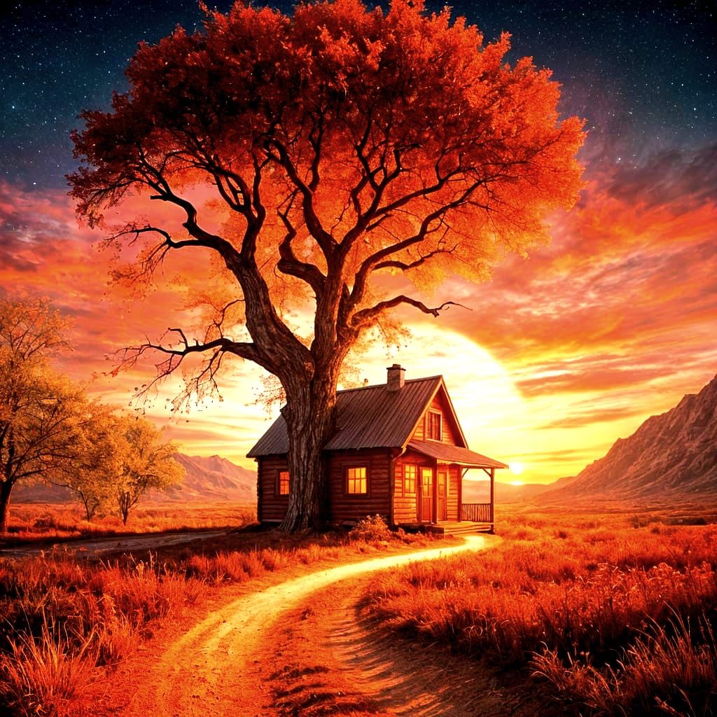 Dreamy Fantasy Sunset Over Tiny Cabin and Winding Path