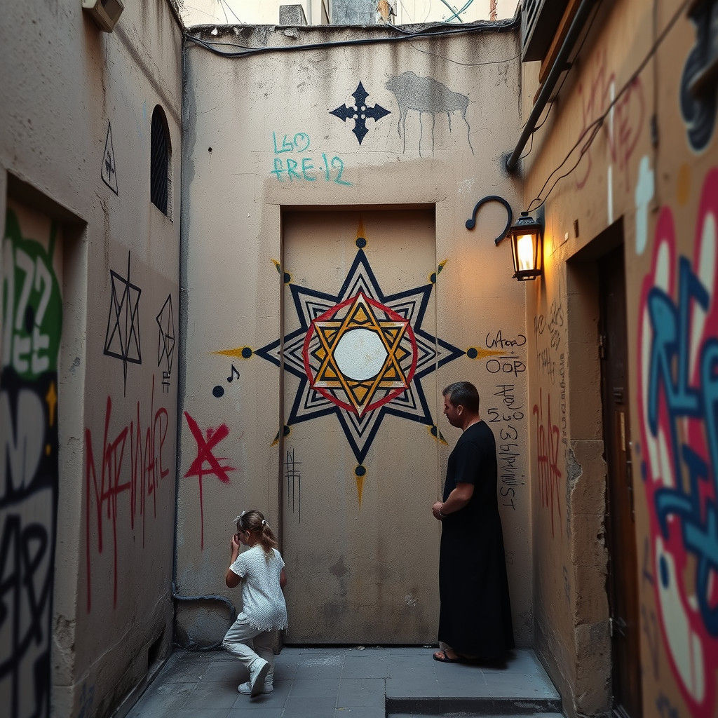 Mystical Graffiti Art: Temple Geometry in Street Art Style