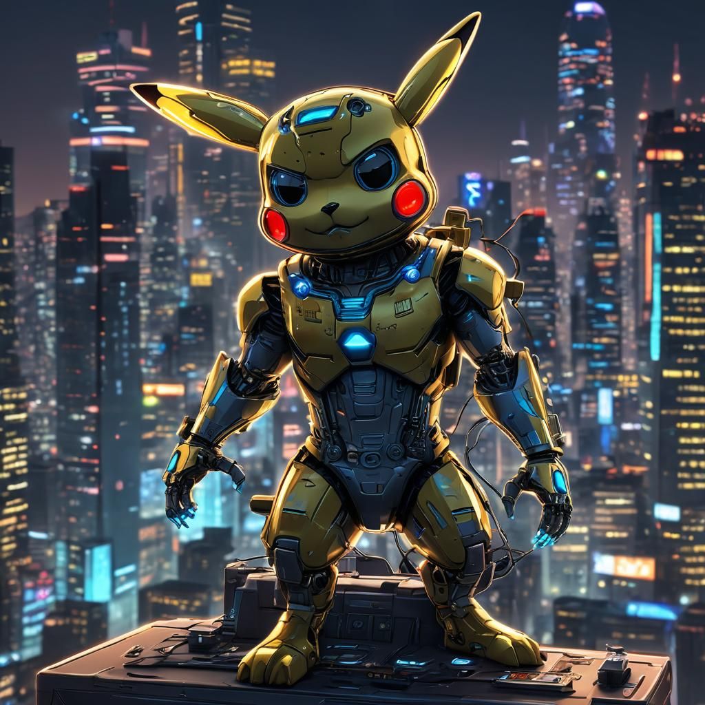 Cybernetic Pikachu in Futuristic Cityscape, Digital Art