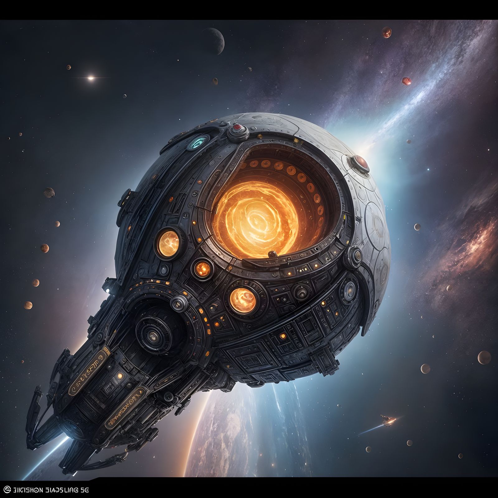 Fantastical Frying Pan Spaceship in Vibrant Deep Space