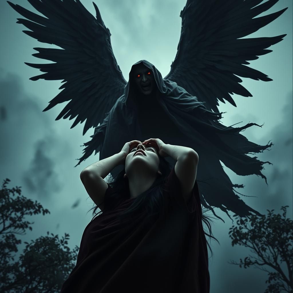 Demonic Angel Above Horrified Woman in Surreal Style