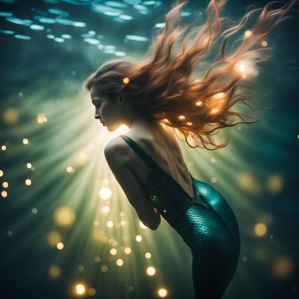 Mermaid Swimming in Deep Sea with Magic Lights