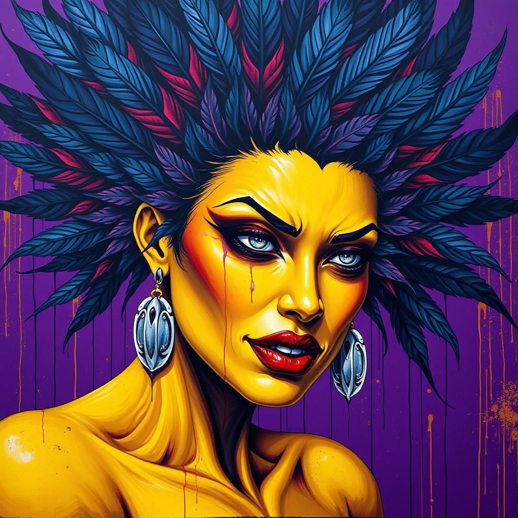 Vibrant Graffiti Woman with Feathers and Silver Eyes