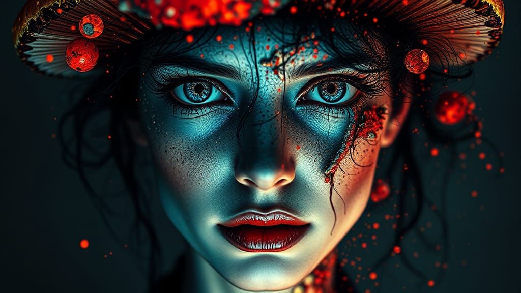 Hallucination Mushroom Portrait in Ink Splatter Art Style