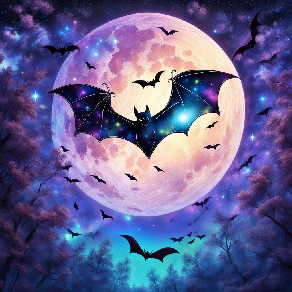 Bats Soaring Under a Galactic Moonlight Sky