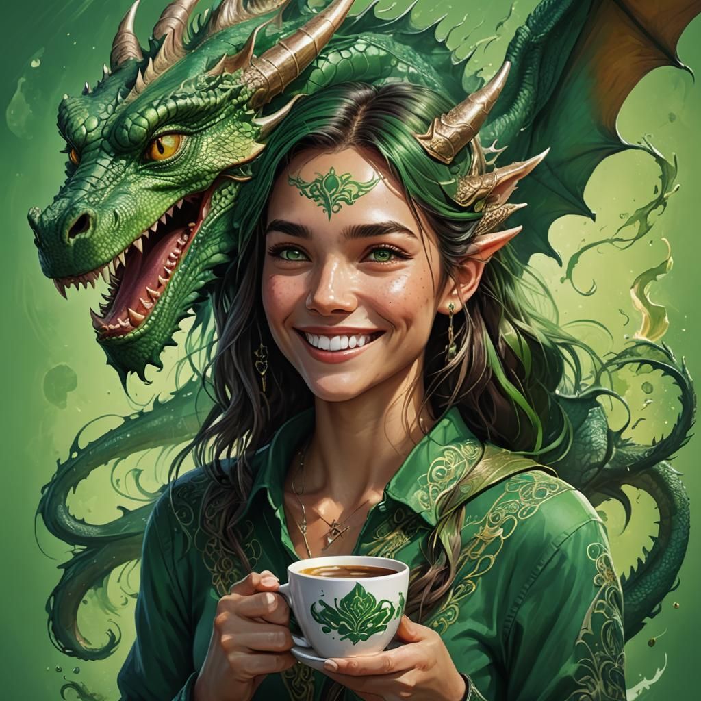 Dragon-Human Hybrid Smiling with Coffee